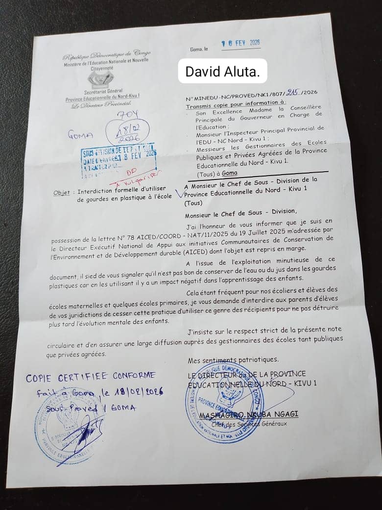 Nord-Kivu : Une note circulaire interdit l’usage des gourdes en plastique dans les écoles