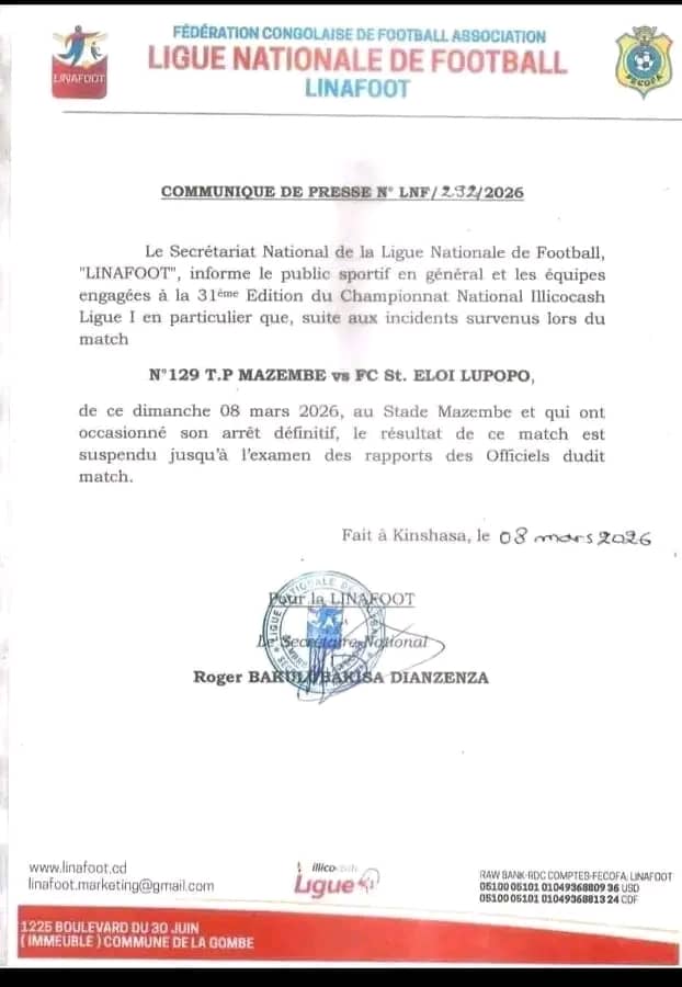 Incident lors du match Mazembe – Lupopo : la Linafoot suspend le résultat