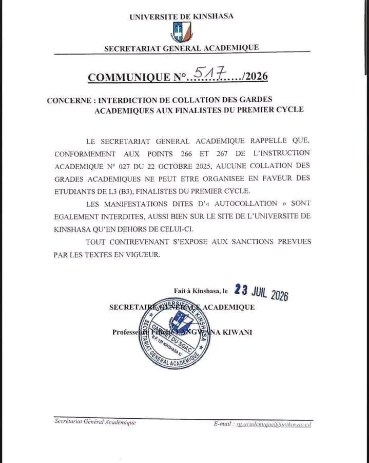 UNIKIN interdit les collations des grades académiques pour les finalistes du premier cycle universitaire