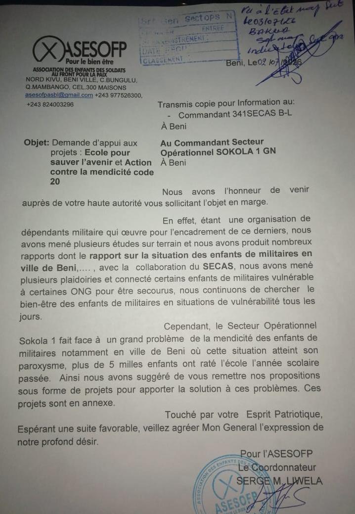 Beni : plus de 5 000 enfants de militaires auraient raté l’école l’année dernière, alerte l’ASESOFP