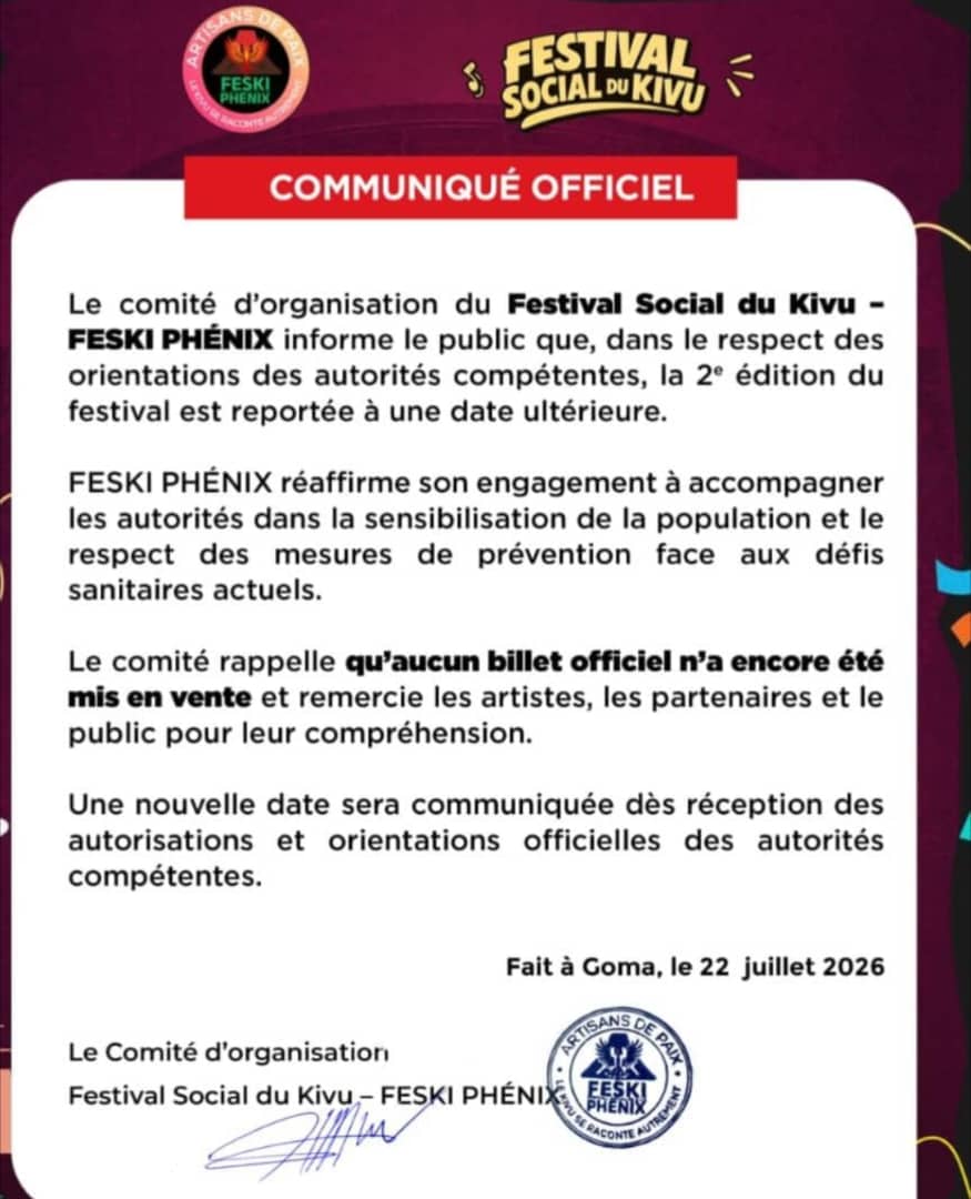 Festival Social du Kivu : la deuxième édition reportée à une date ultérieure