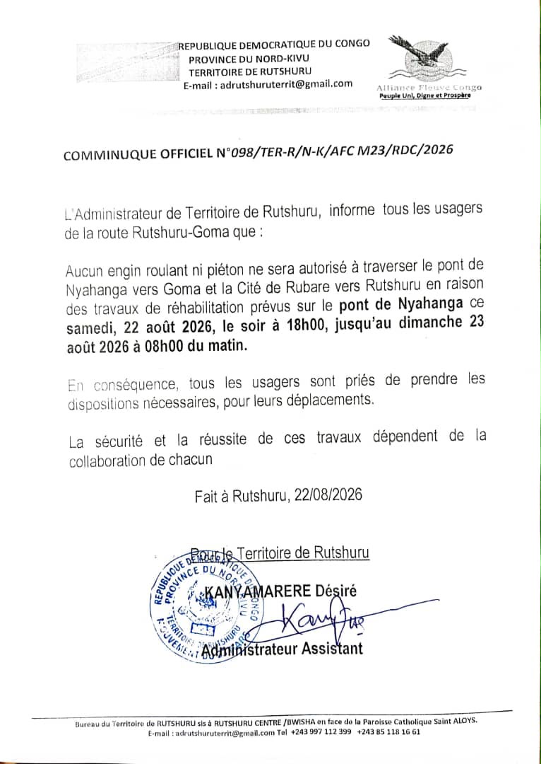 Rutshuru-Goma : le pont de Nyahanga fermé temporairement pour des travaux de réhabilitation