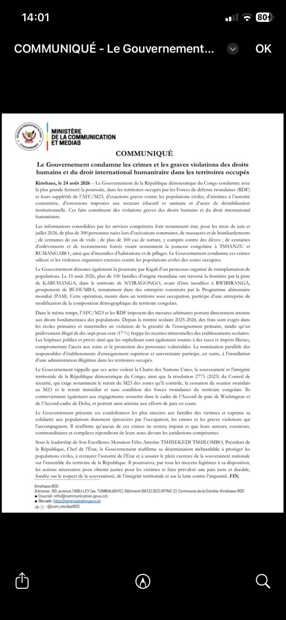 RDC : plus de 300 personnes tuées dans les zones occupées, selon le Gouvernement